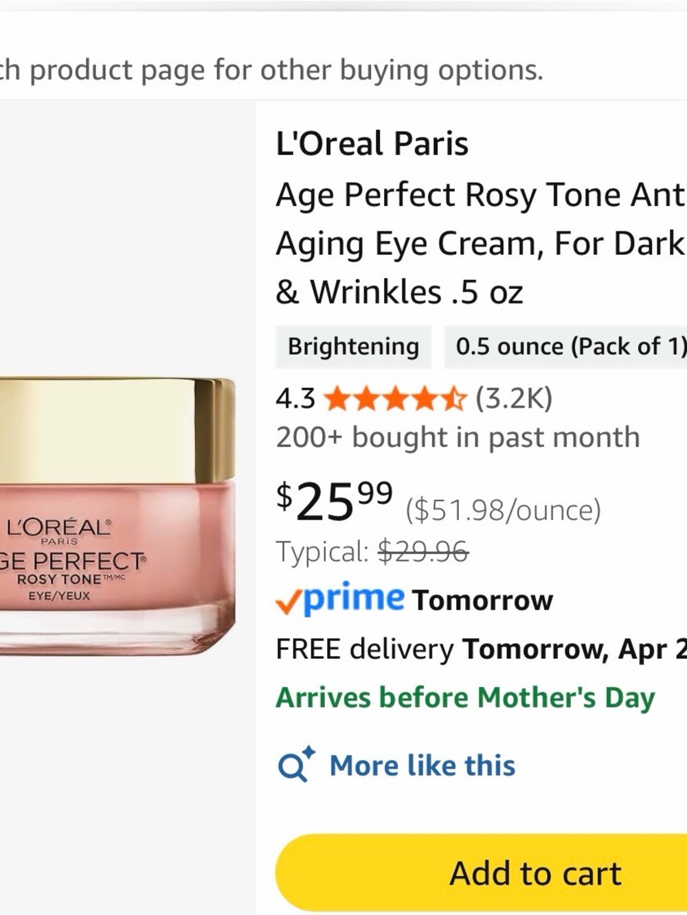L'Oreal Age Perfect Rosy Tone Eye Cream - Pink Jar with Gold Lid